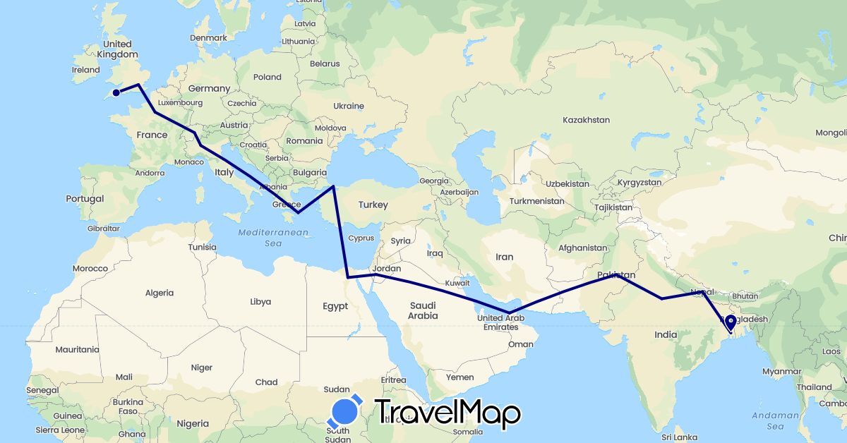 TravelMap itinerary: driving in United Arab Emirates, Switzerland, Egypt, France, United Kingdom, Greece, India, Italy, Jordan, Nepal, Pakistan, Turkey (Africa, Asia, Europe)